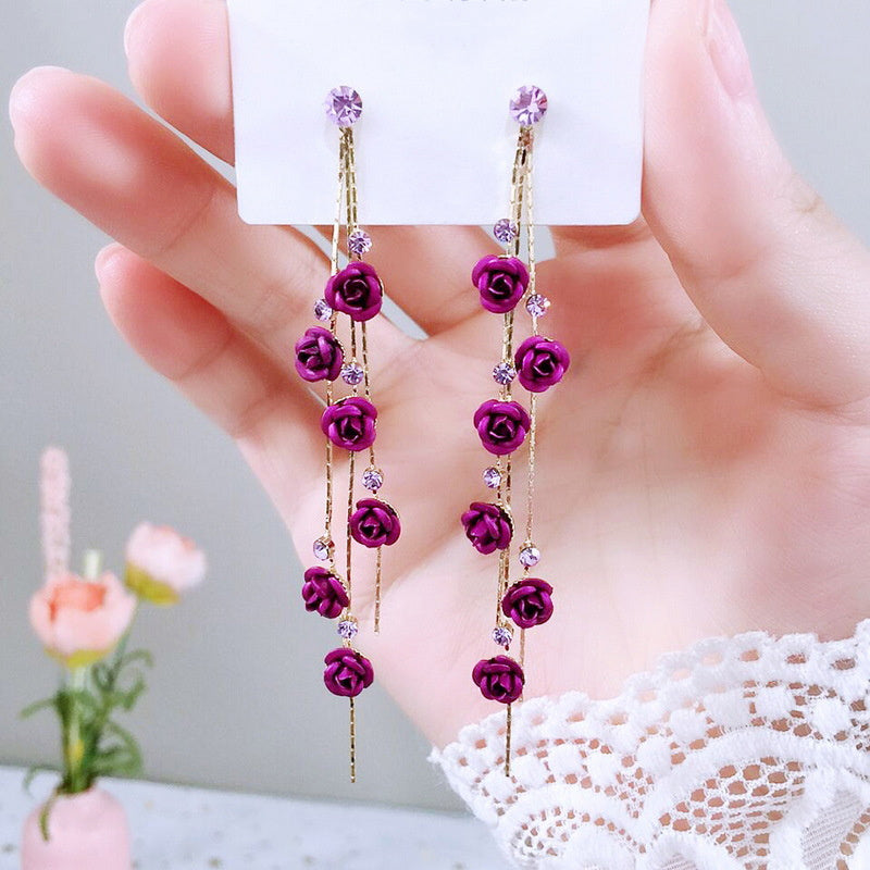 Flower Long Earrings Wild Red Rose Flower Long Rhinestone Tassel Earrings Earrings