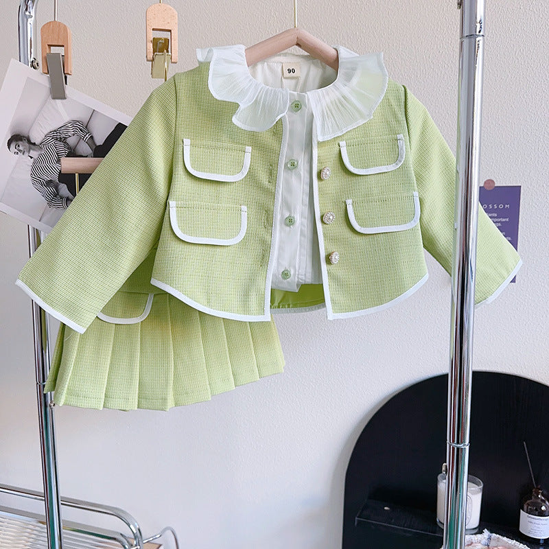Girls Solid Green Ruffle Lace Neck Pockets Cardigan&Skirt Casual Sets-1